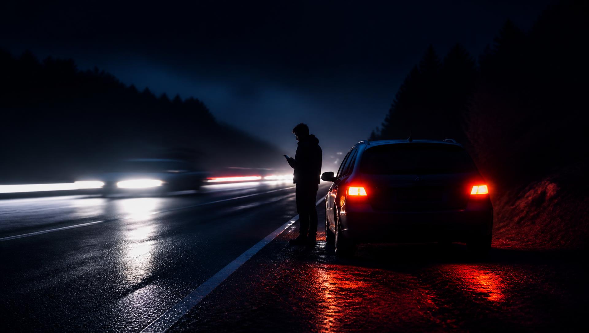 Driver standing beside a broken-down car with hazard lights on a dark highway at night